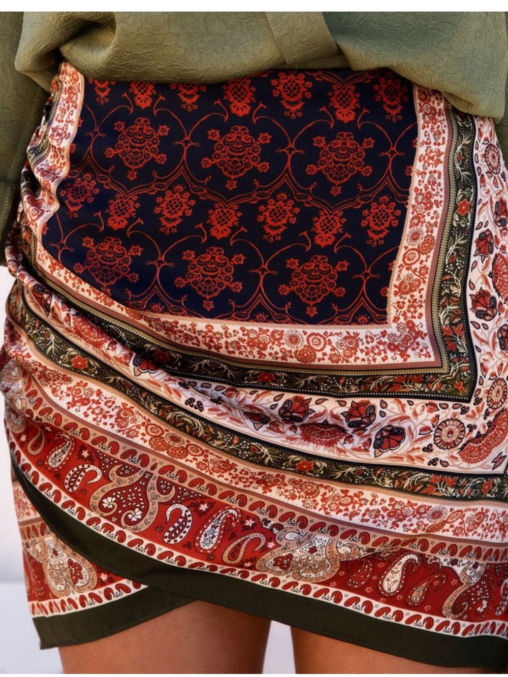 Boho Paisley Wrap Mini Skirt - Multi/Olive